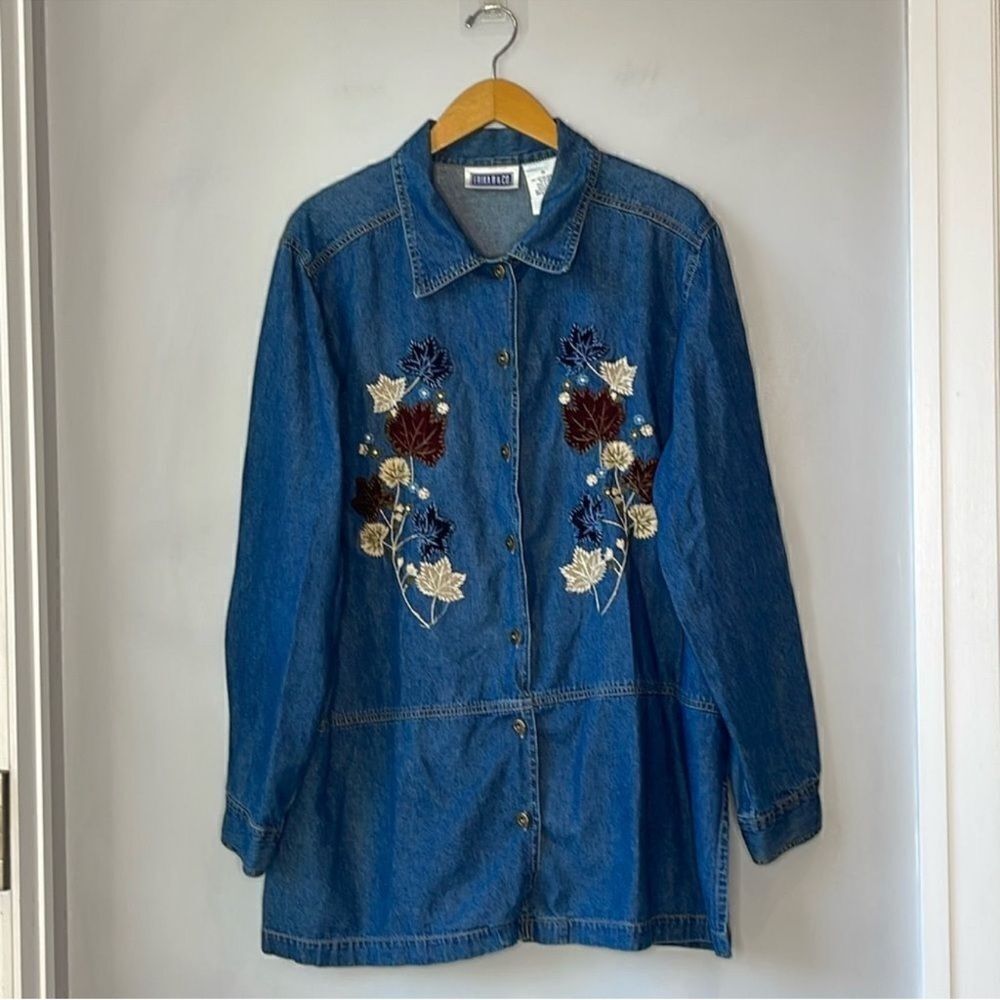 Erika & Co Fall Autumn Leaves Button Down Denim Shirt